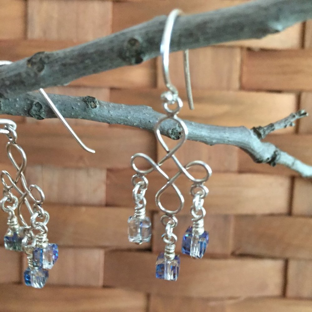 925 SS Chandelier Earrings with Cube Dangles - Picture 2 of 2